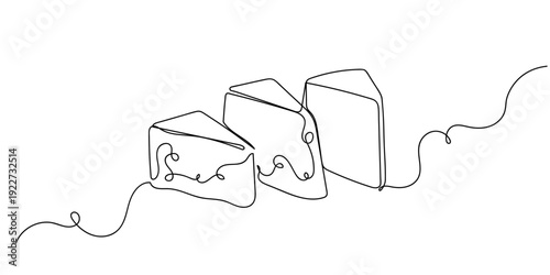 One line drawing. Continuous single line. Three types of cheese blocks. Editable stroke.