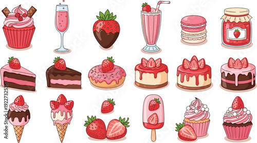 Strawberry Dessert Illustration Set with Cakes Ice Cream Milkshake and Sweet Bakery Treats Collection