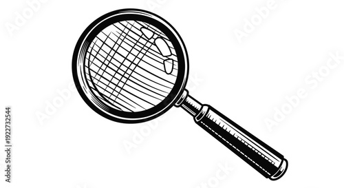 Classic hand-drawn black and white magnifying glass illustration isolated on a white background representing investigation and discovery themes.