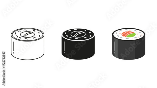 A set of three sushi rolls in different stages of illustration Vector