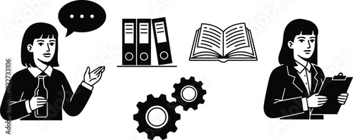 Flat design close up icons of female employee speaking with bottle and manager holding clipboard training files open book gears