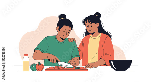 Cheerful illustration of a couple cooking together in a kitchen with one person cutting vegetables on a board for a healthy meal concept.