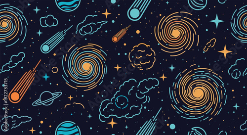 Celestial seamless pattern featuring cosmic galaxies, comets, and stars in a simple blue and orange line art.