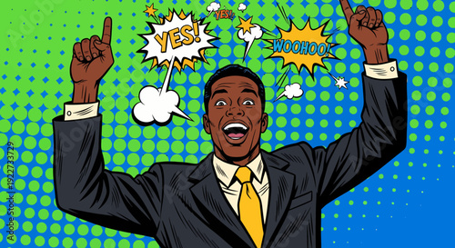 An expressive illustration depicting a person with a joyful expression, wearing a suit and pointing upwards, with speech bubbles conveying excitement.
