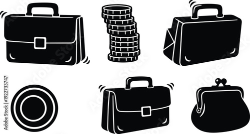 Flat design close up black silhouette of briefcase wallet purse and stacked coins on white background landscape view low angle