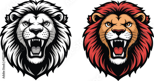 Roaring lion head mascot vector set with black white and colored styles for sports team logo emblem fierce animal illustration design