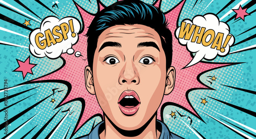 A pop art illustration of a man with an expression of shock and awe. Two speech bubbles reading GASP! and WHOA! create the scene.