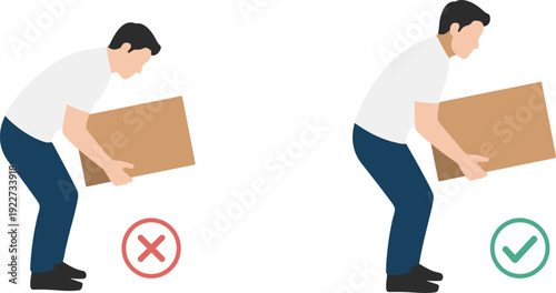 Safe lifting versus wrong posture illustration, man carrying box with correct ergonomics and bent knees, workplace safety vector for injury prevention training concept