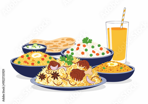 Colorful Flat Illustration of Delicious and Authentic Biryani Dish Food