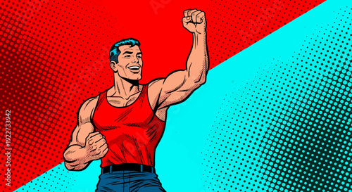 A muscular man stands with his fist raised in the air, radiating strength and determination