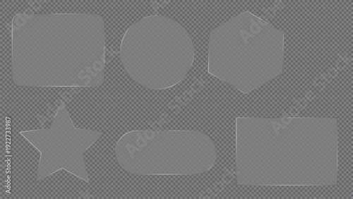 Geometric Glass Panes: A set of transparent glass panes, each with a unique geometric shape, arranged in a visually pleasing composition, showcasing the interplay of form and transparency. 