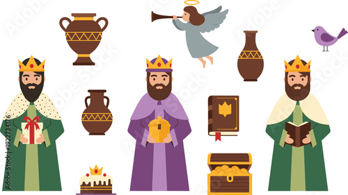 Three Wise Men Nativity Illustration Set with Gifts Angel and Christian Christmas Religious
