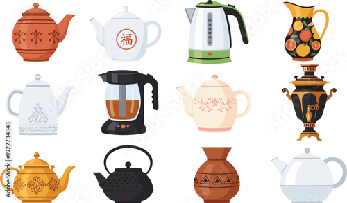 Teapot and Kettle Collection Vector Illustration Featuring Ceramic Glass Electric and Traditional Tea Pots for Kitchenware Beverage and Cultural