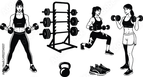Line art gym scene woman lifting dumbbells doing lunges and standing curls with weight rack kettlebell and shoes front view pose