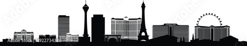 Las Vegas skyline silhouette featuring famous Strip hotels and observation wheel isolated on gray background for travel and city design