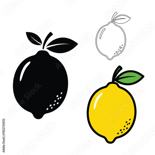 Yellow lemon citrus fruit icon set with black silhouette and outline illustration