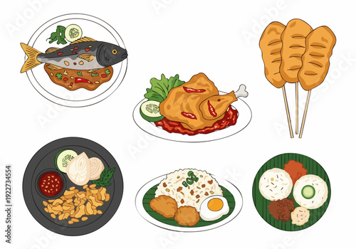 Hand Drawn Delicious and Traditional Indonesian Food Dishes Illustration Set