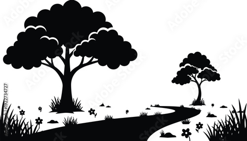 Silhouette vector flat design close up large tree and small tree with winding path and wild flowers in grass black