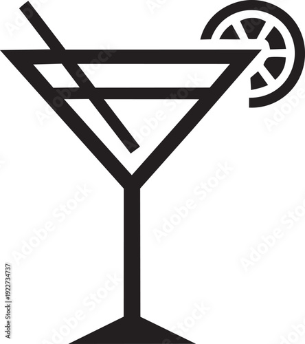 Sleek outline icon of a martini cocktail glass with a straw and lemon slice, for elegant drinks.