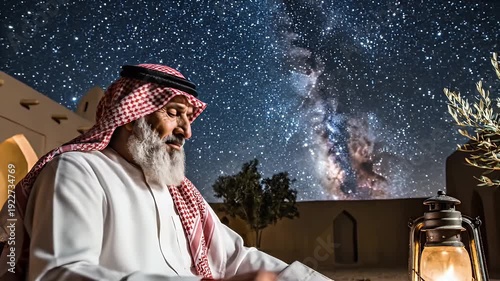 Wise Man Contemplating Night Sky - A wise elder man in traditional attire looks up at a vast night sky full of stars in a tranquil desert courtyard.