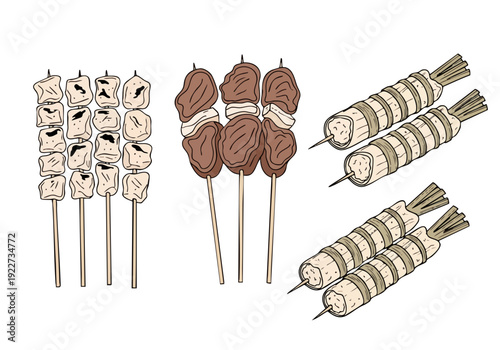 Flat Lay Style Grilled Skewered Meat and Seafood Cuisine Illustration