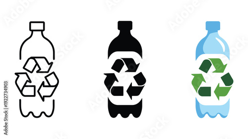 Plastic recycling icon vector sign showing bottles, green leaves, and arrows, sustainable packaging, PET food and beverage concept, outline and filled styles