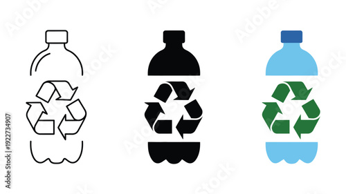 Plastic recycling icon vector sign showing bottles, green leaves, and arrows, sustainable packaging, PET food and beverage concept, outline and filled styles