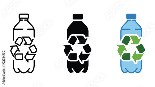 Plastic recycling icon vector sign showing bottles, green leaves, and arrows, sustainable packaging, PET food and beverage concept, outline and filled styles
