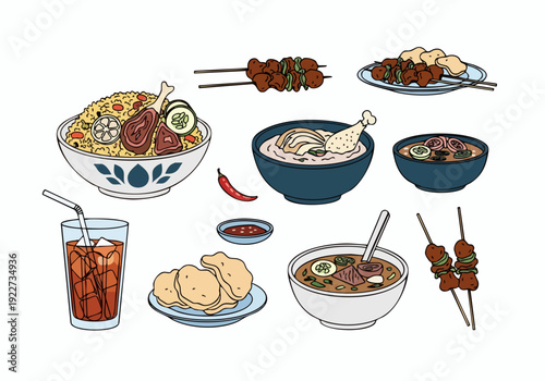 Handdrawn Colorful Indonesian Traditional Culinary Dishes Illustration Collection