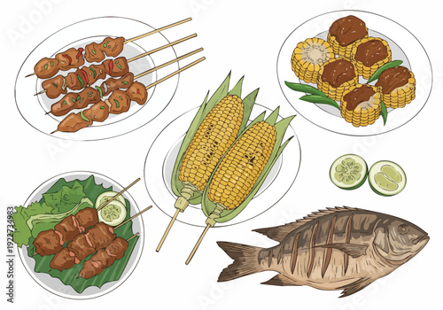 Detailed Line Drawing Indonesian Food Cuisine Dishes Still Life Illustration