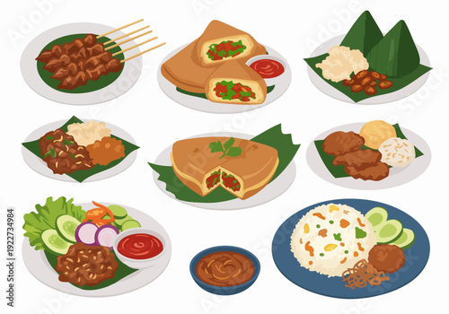 Flat Illustration Detailed Indonesian Food Cuisine Variety Delicious Culinary