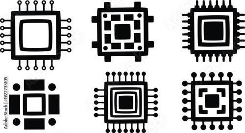 Minimalist icon set of six hand drawn microchip circuit board symbols top view arranged in two rows simple flat vector