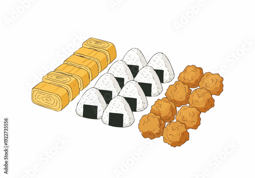 Delicious Handdrawn Bento Set with Tamagoyaki, Onigiri, and Karaage Food Illustration