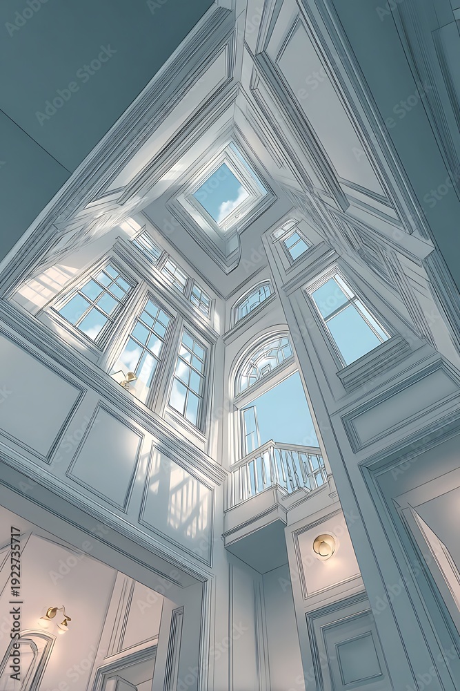 Fototapeta premium Tall interior atrium showcases classical architectural detail with abundant natural illumination