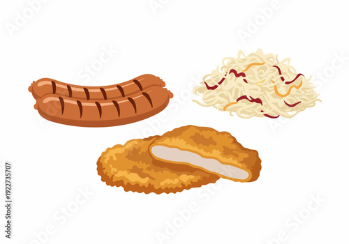 Flat Design Illustration of German Traditional Food Schnitzel, Sausage and Sauerkraut