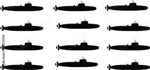 Submarine silhouette collection detailed naval underwater vessel icons military navy fleet black sea transport vector illustration set