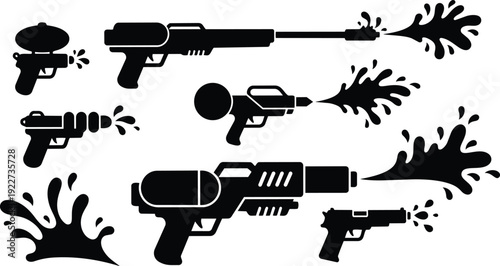 Silhouette vector water gun collection close up variety of toy squirt pistols firing splashes in studio flat design side view