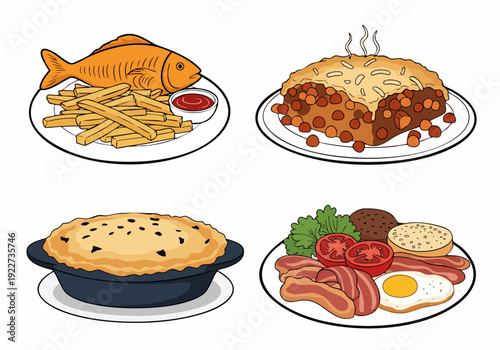 Handdrawn Colorful Traditional English Dish Plate Collection Culinary Illustration
