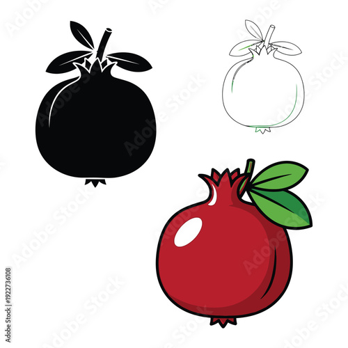 Red pomegranate fruit vector set with silhouette and outline for graphic design