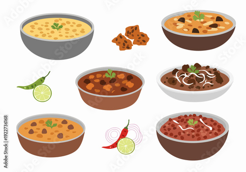 Flat Illustration Various Kind of Curry Delicious Indian Dish