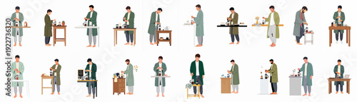 Collection of diverse men in bathrobes preparing and enjoying fresh French press coffee at home, illustrating a relaxed morning routine.