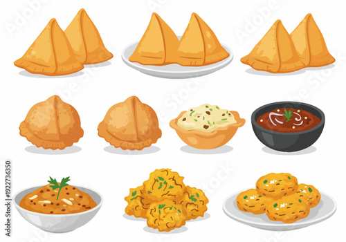 Flat Style Delicious Indian Appetizers and Snacks Culinary Delights Illustration