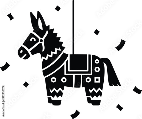 Flat design festive pinata donkey hanging with confetti side view vector art party celebration icon black silhouette ornament saddle carnival
