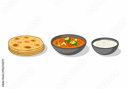Isometric Detailed Indian Thali with Roti Curry and Yogurt Illustration