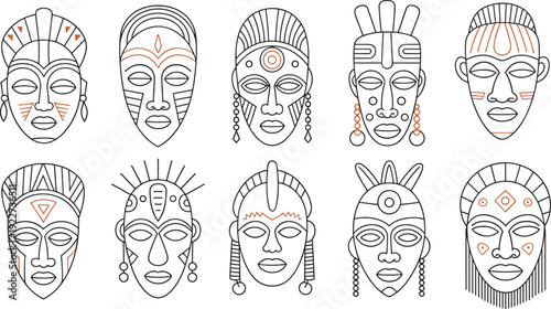 African tribal masks line art set ethnic culture face masks collection traditional ornaments vector illustration isolated on white background design