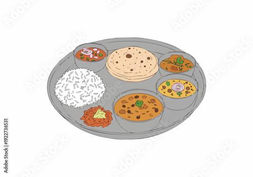 Simple Hand Drawn Traditional Indian Thali Dish Culinary Meal Illustration