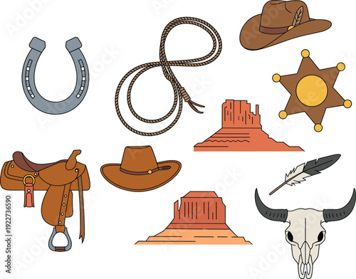 Western cowboy elements set including hat, lasso, horseshoe, sheriff badge, saddle, desert rock formations and skull, vector illustration in flat style