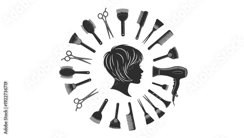 Silhouette of a woman with a short stylish haircut surrounded by a circle of professional hairdressing tools and equipment.