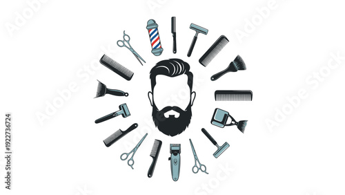 Circular arrangement of barbershop tools including combs, razors, and scissors surrounding a bearded man silhouette in the center.