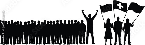 Silhouette of a crowd and protesters holding Swiss flags during a national celebration, demonstration, or political rally in Switzerland.